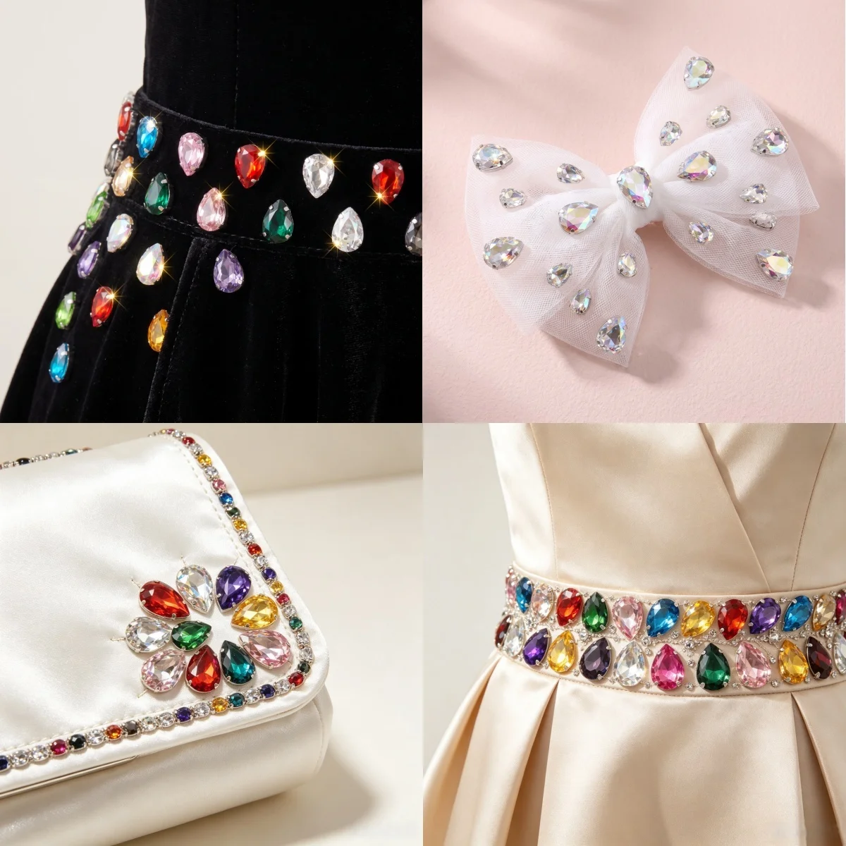 Tropfenförmige aufnähbare Strasssteine, silberne Krallen, Glaskristall-Strasssteine, mehrfarbige aufnähbare Steine für DIY-Schmuck, Bastelarbeiten und Dekoration. – Detail 4