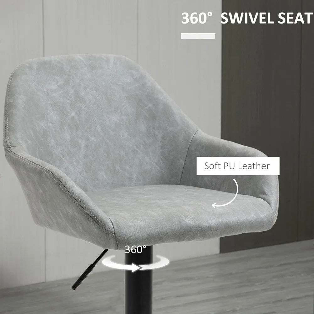 Regulowane krzesła barowe obrotowe z podnóżkiem i oparciem, stołki kuchenne o wysokości blatu z ekoskóry, zestaw 2 szarych
