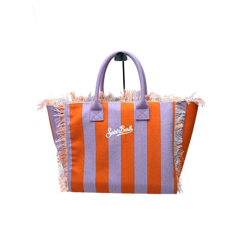 Bolsa listrada vertical laranja e roxa, bolsa feminina de grande capacidade lona Tassel Design, bolsa com zíper, nova