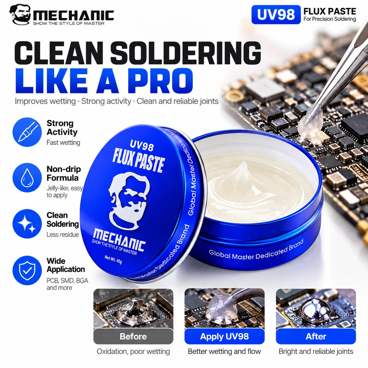 MECHANIC UV98 No Clean Soldering Flux Paste High Activity Jelly Flux For BGA IC Chip PCB Motherboard Soldering Repair