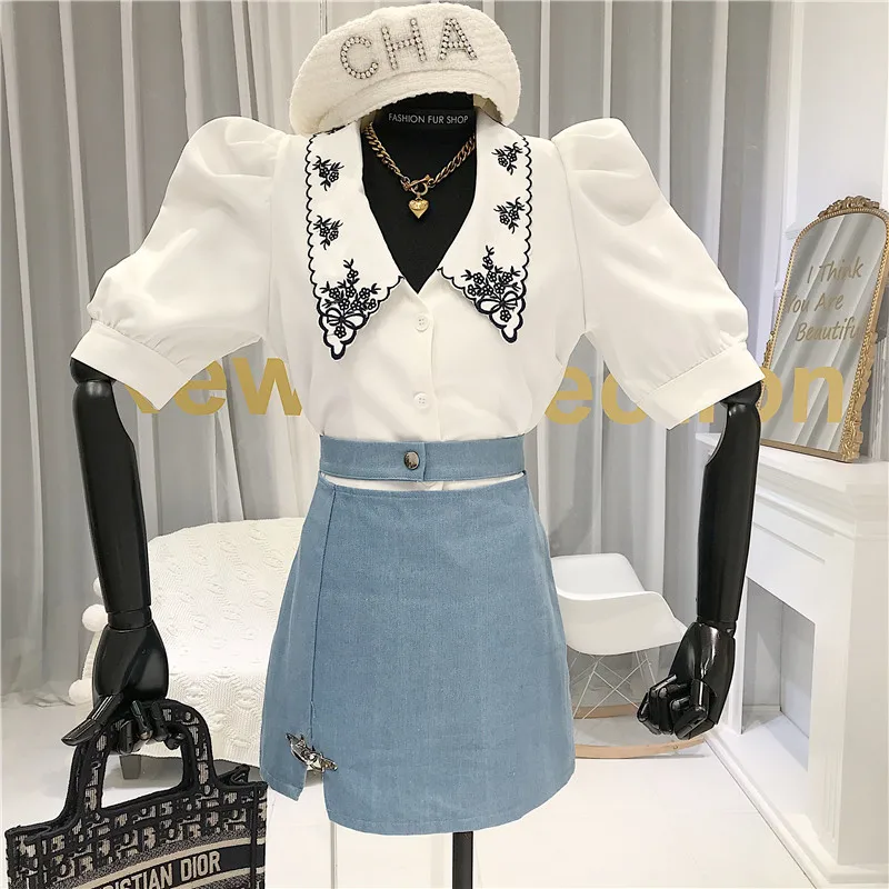 Koreaanse Chique Vintage Borduurwerk Print Vrouwen Shirt Mode Peter Pan Kraag Witte Blouse Zomer Korte Mouw Tops Chemisier Femme