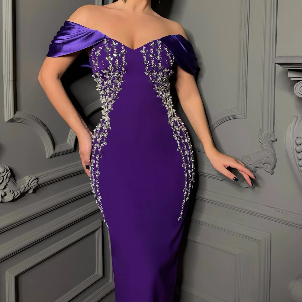 تخصيص فساتين السهرة المستقيمة الأرجواني طول الكاحل قبالة الكتف أكمام الحفلة الراقصة أزياء مطرزة الزهور حزب ثوب #2