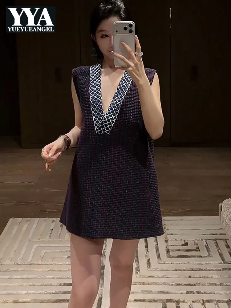 

Женское платье в китайском стиле, новое, с глубоким V-образным вырезом, в клетку, без рукавов, модное, повседневное, свободного кроя, А-силуэт, выше колена