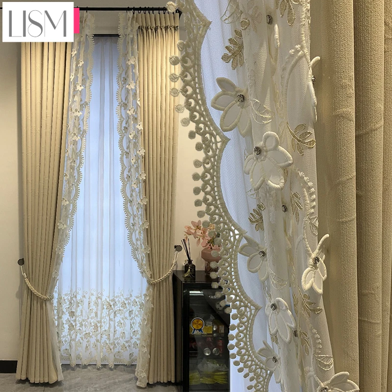 

New Thickened Embossed Beige Chenille French Curtains for Bedroom Living Room Blackout Custom Window Screens Flowers Lace Tulle