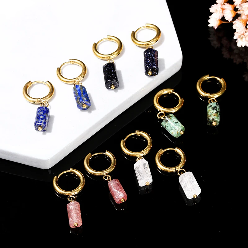 Change Better Natural Rock Quartz Strawberry Quartz Cylinder Shape Drop Earrings WomenStainless Steel HoopEarring Couple Gifts