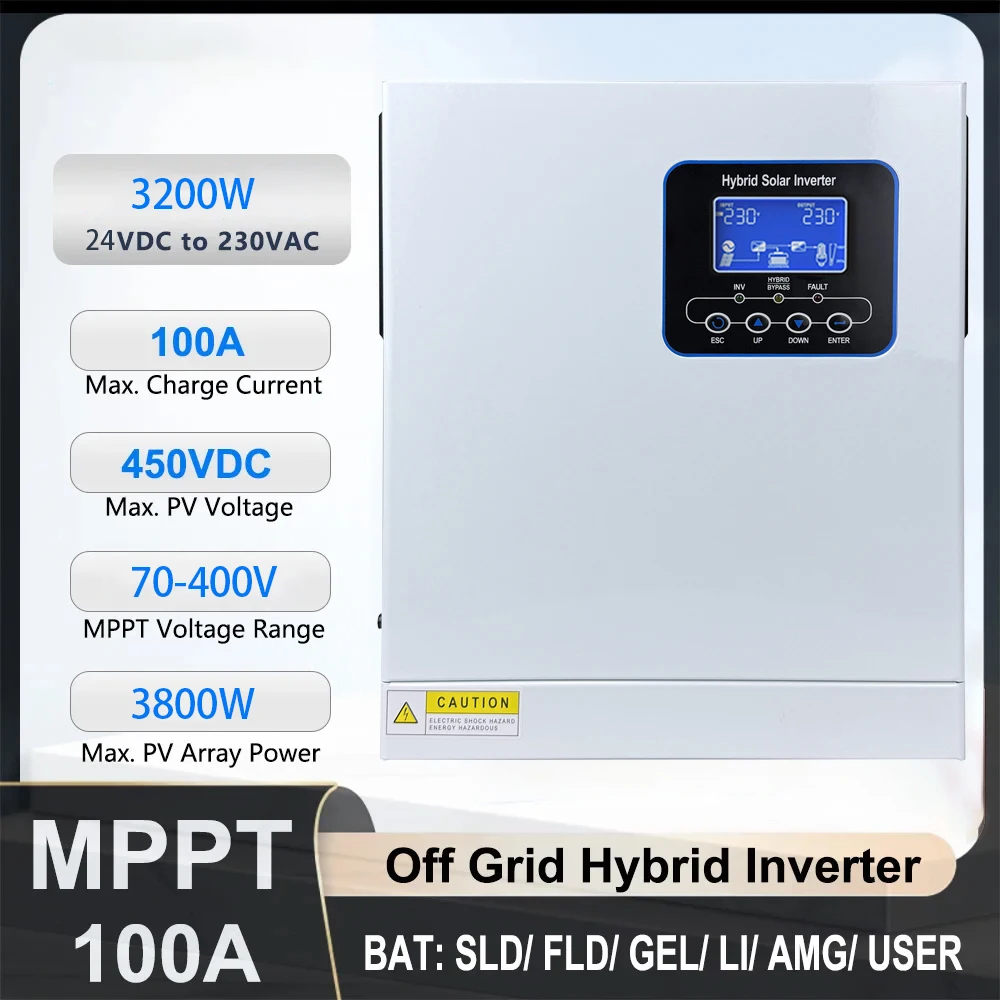 

3200W Hybrid Solar Inverter 24VDC Max 450VDC input With 100A MPPT Solar Controller For Lifepo4 Lithium GEL Lead Acid Battery