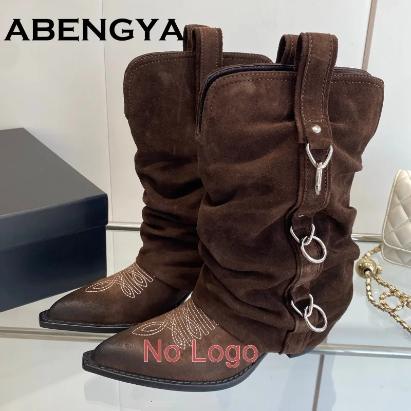 

Cow Leather Embroidery Modern Mid Calf Boots Women Square Heel Party Shoes Women's Boots Runway Point Toe Cowboy Boots Woman