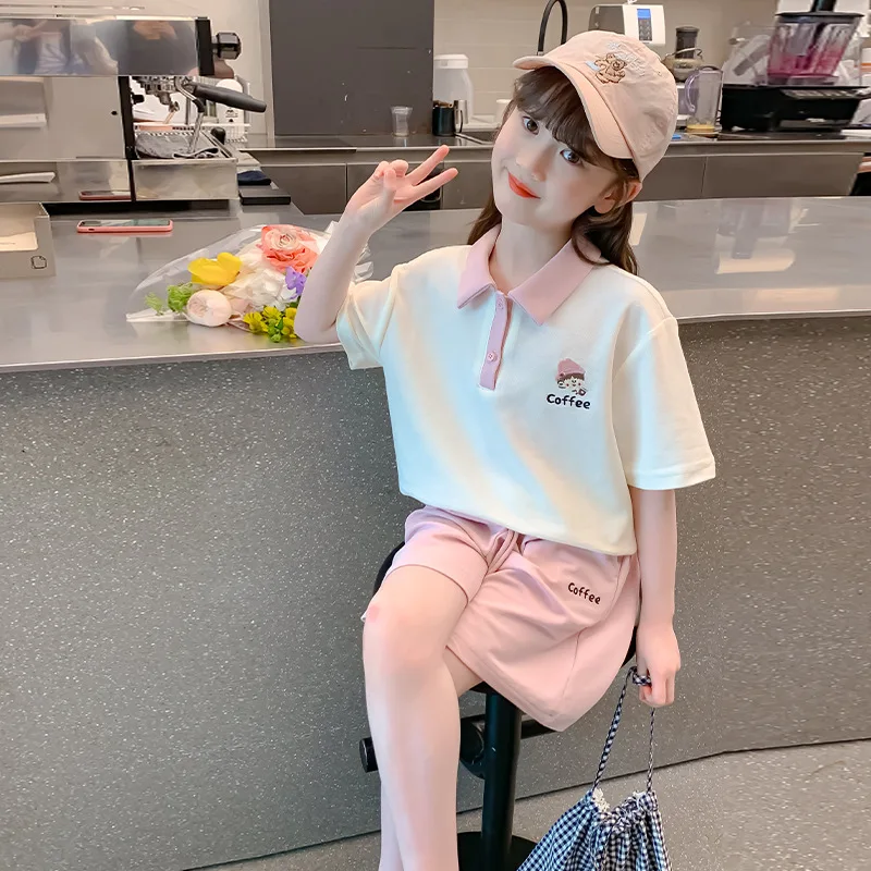 2026 Summer New Girls set Clothes teenager shorts white slim cartoon t-shirt + hot shorts pant 4 5 6 7 8 10 15 years tracksuit