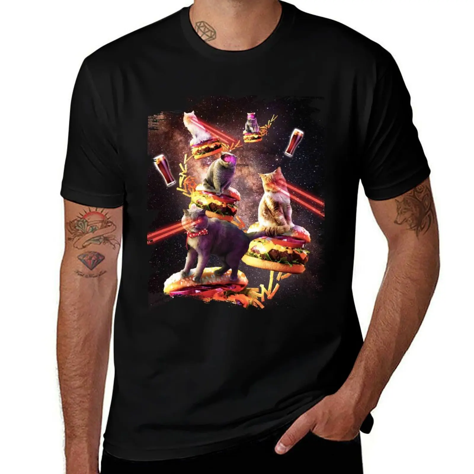 

Galaxy Laser Cat On Burger - Space Cheeseburger Cats T-Shirt cotton t shirt man t shirt for man 100 percent cotton T-shirt