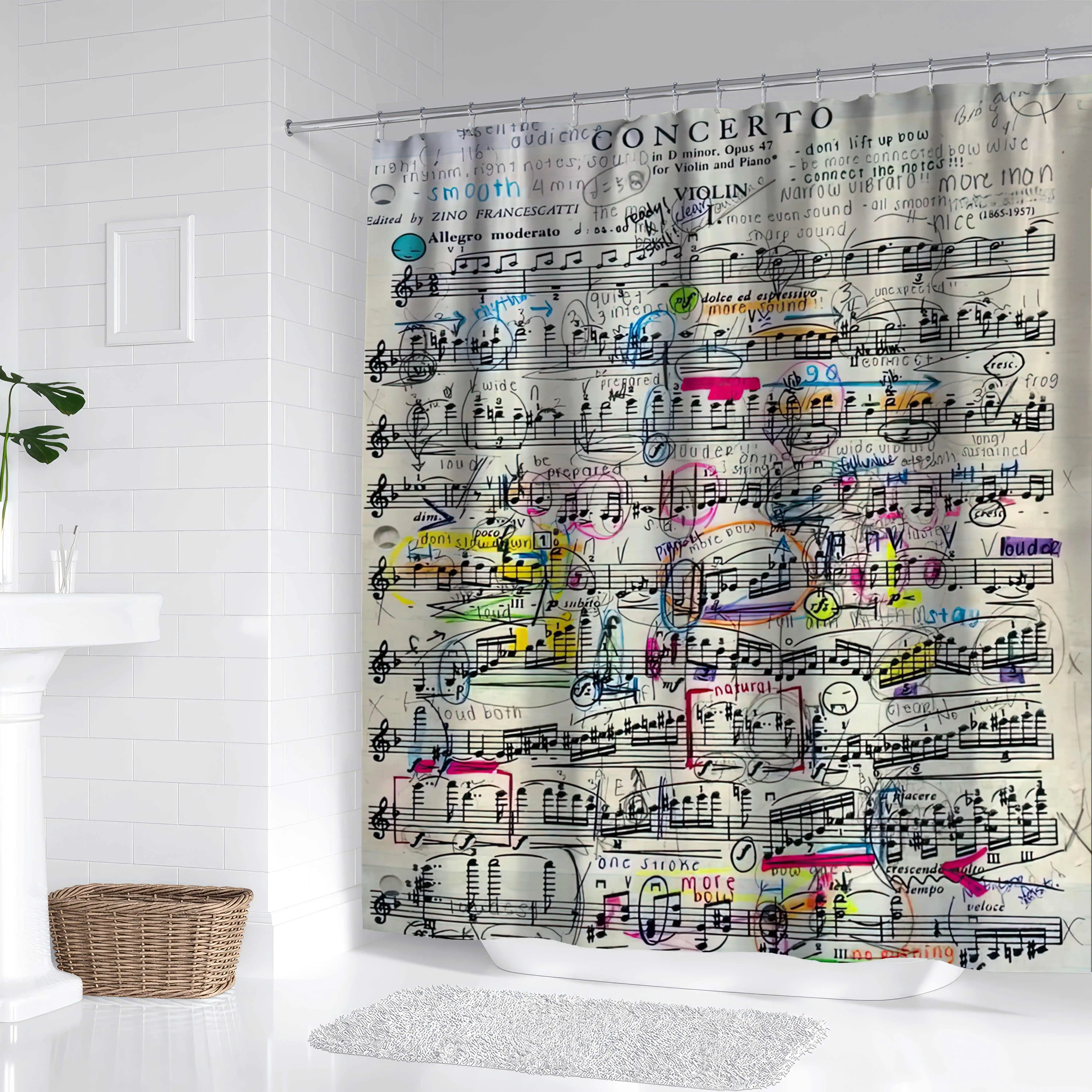 

YWJHUI Music Note & Sheet Print Shower Curtain - Waterproof Polyester, Machine Washable, All-Season Bathroom Decor