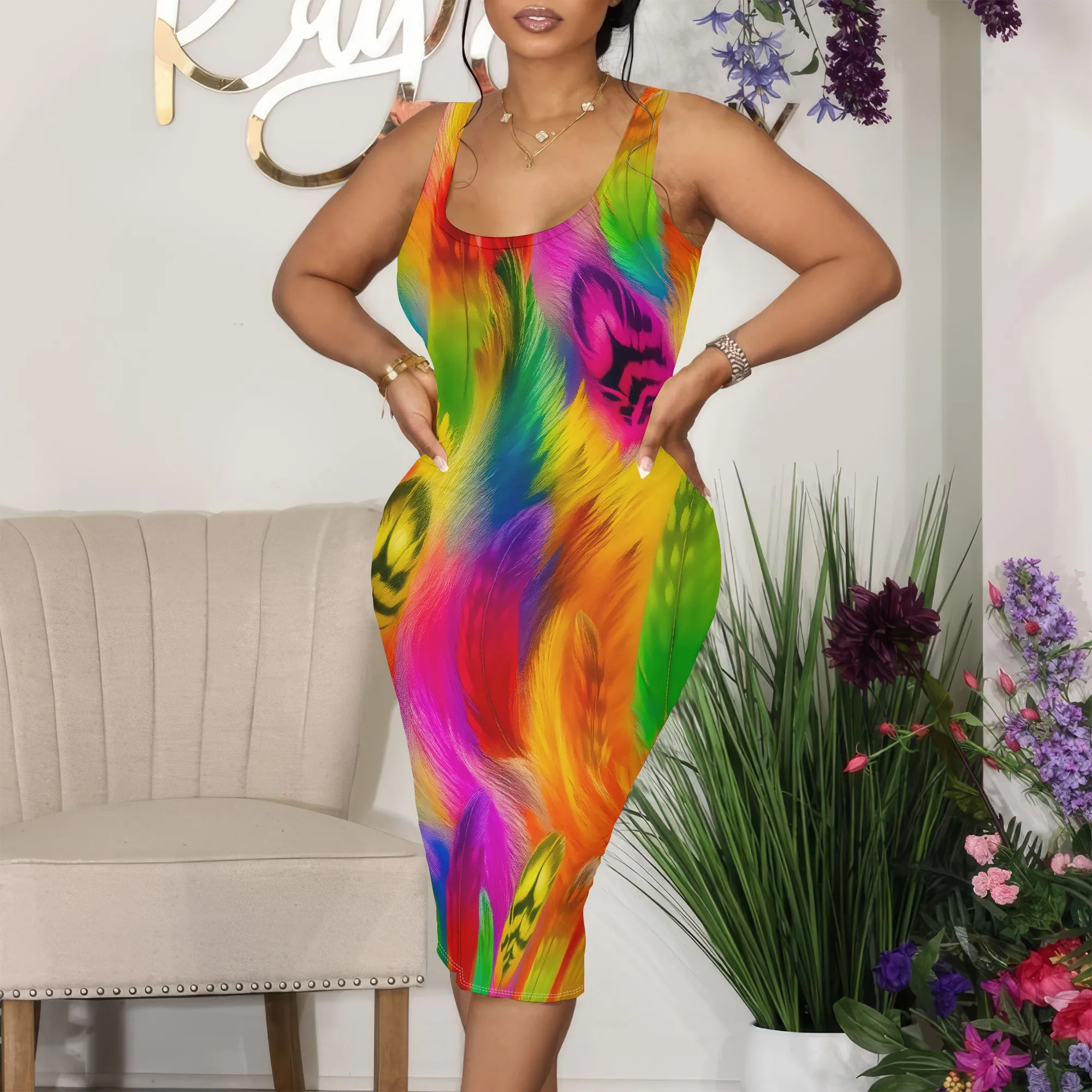 

Women's Colorful Feather Print Bodycon Dress Sleeveless Scoop Neck Party Midi Dress Slim Fit S-3XL