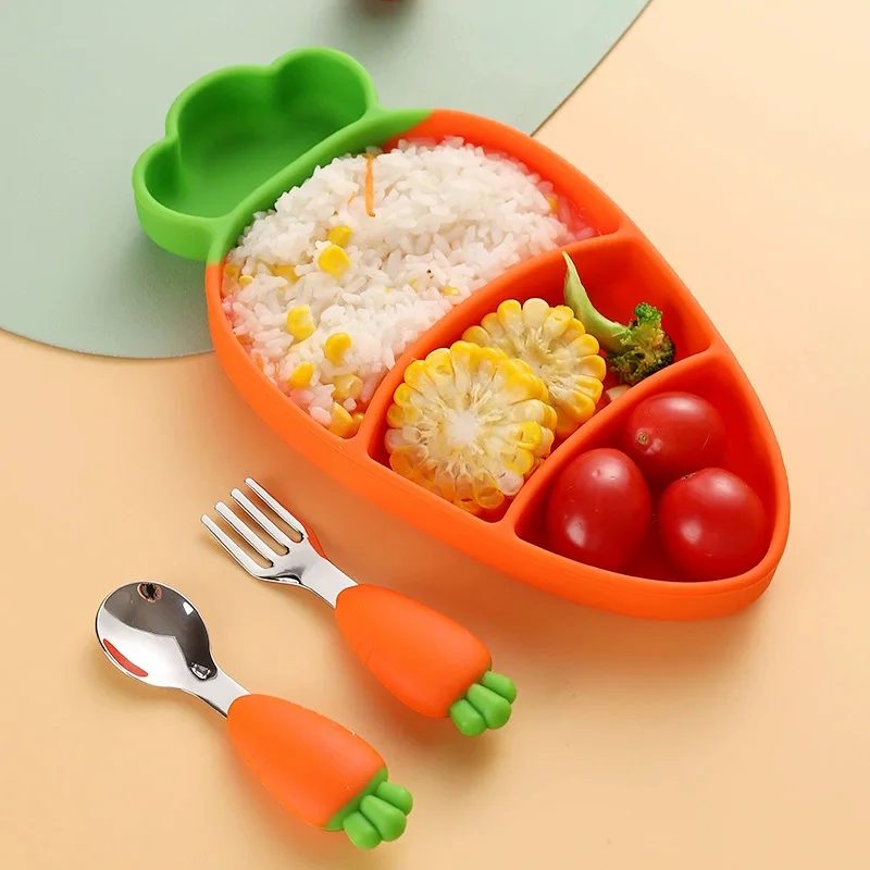 

Cartoon Carrot Silicone Tableware Feeding Baby Dinner Bowl Plate Children Training Spoon Fork Infant Toddler Feeding Dishes