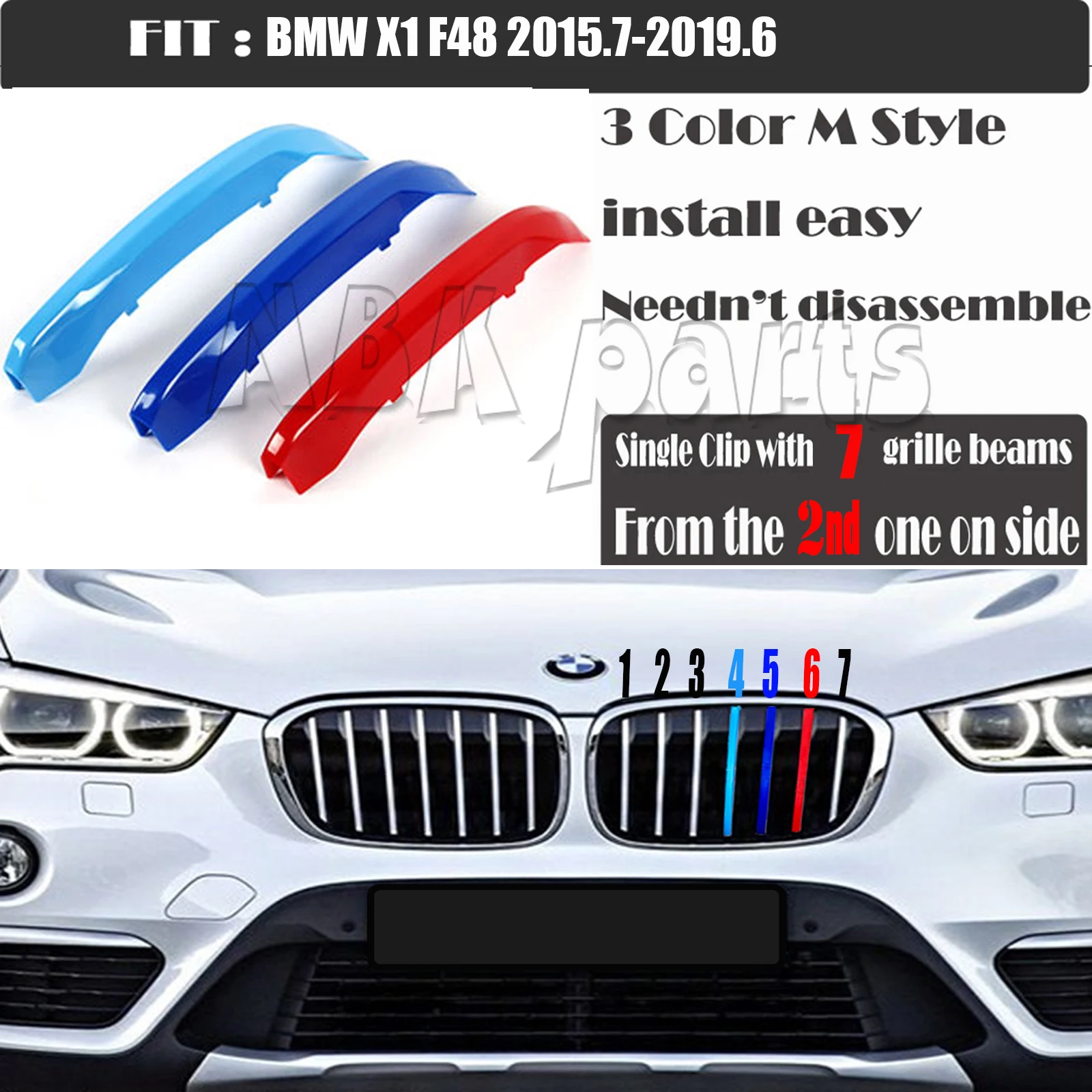 Fit 16-18 BMW X1 F48 BASIS and X LINE Trim M-SPORT Design 3-Color Kidney Grille Clip Stripe with 7-slats