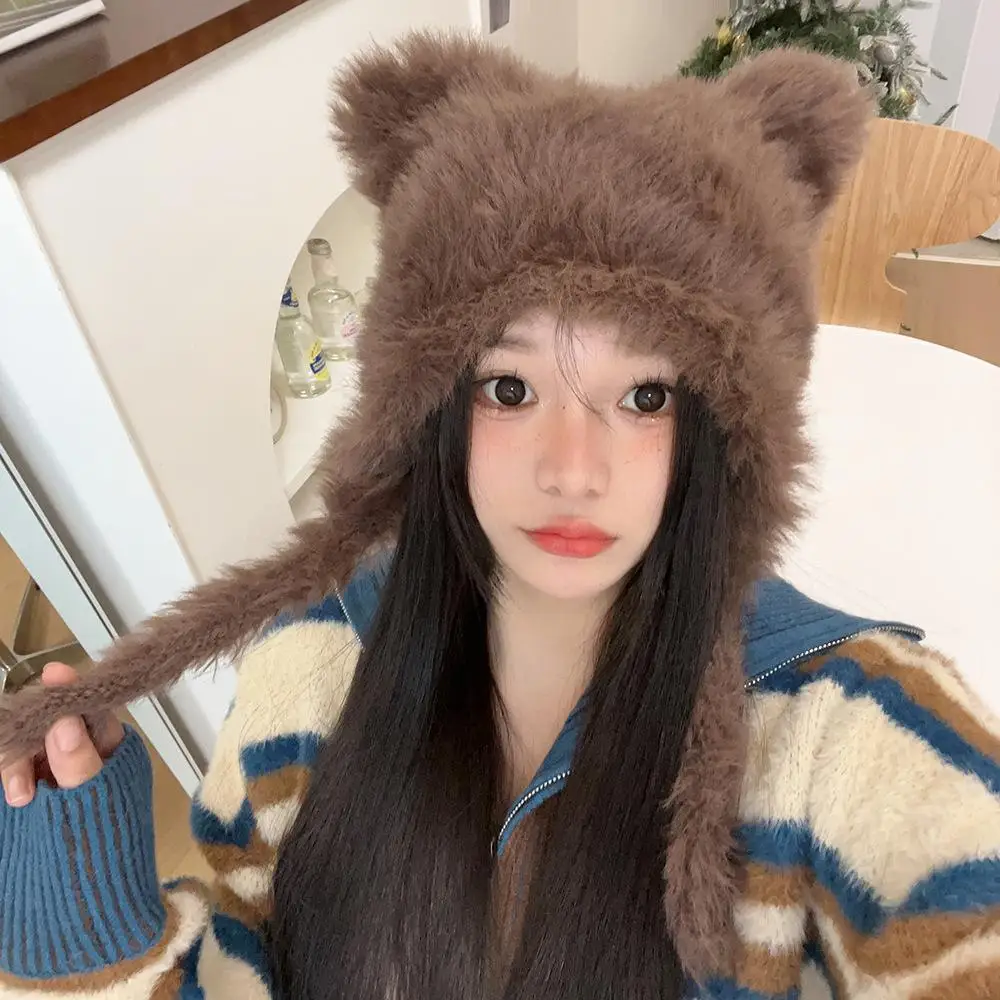 2023 Halloween Winter Plush Cute Cat Ears Beanies Women Pullover Hats Korean Ear Protection Strap Beanies Hat with Earflap