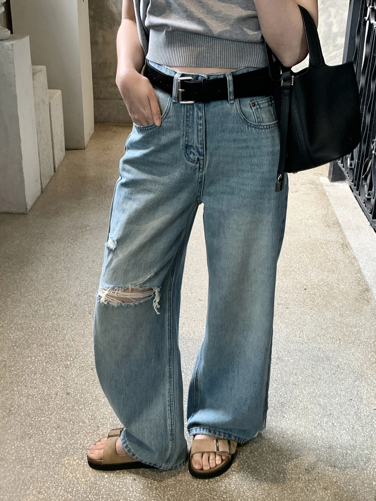 

Retro Hole Straight Leg Jeans Women's Loose Slimming Casual Wide Leg Pants Spring Summer ey Color Denim l Waist Zipper