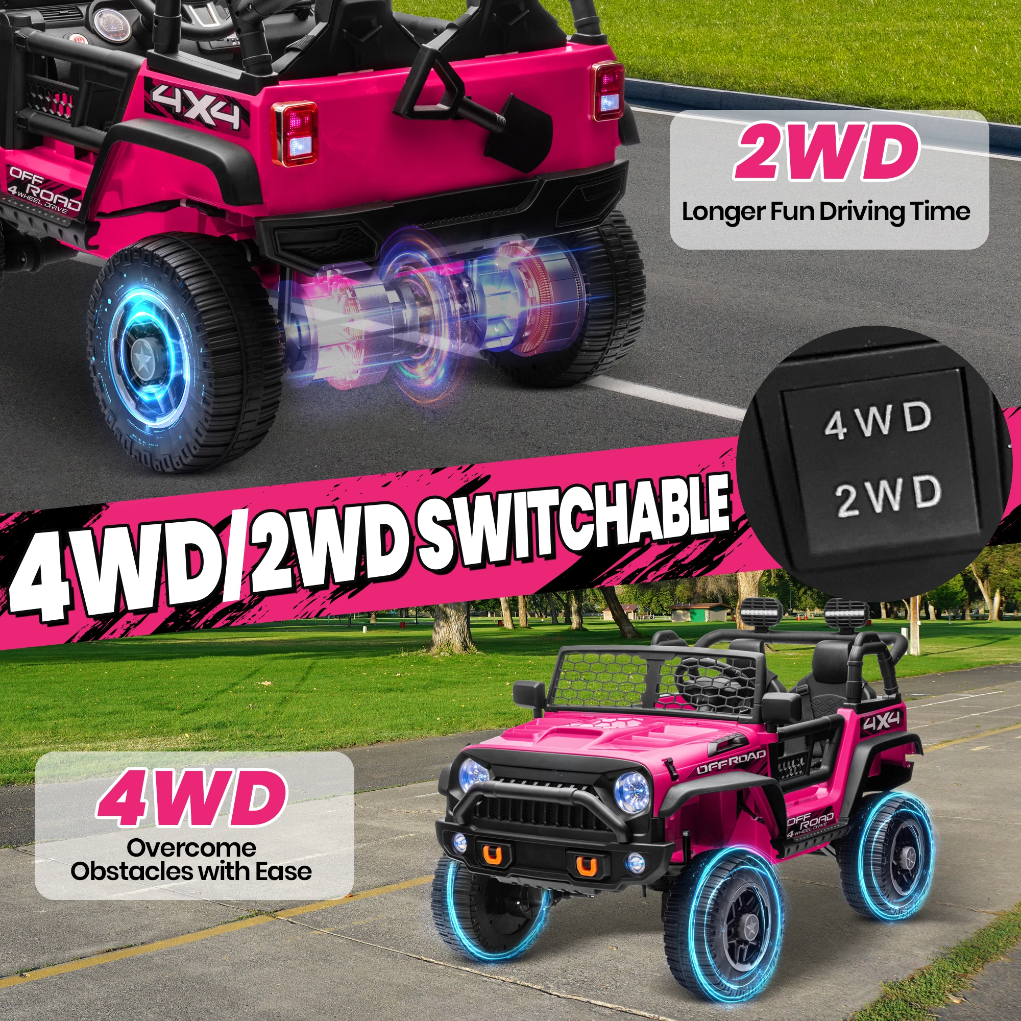 24V Ride on Car Truck with Remote Control & 2 Seater, 4WD/2WD Switchable 400W Powered Ride on Toys with Shovel Spring Suspension