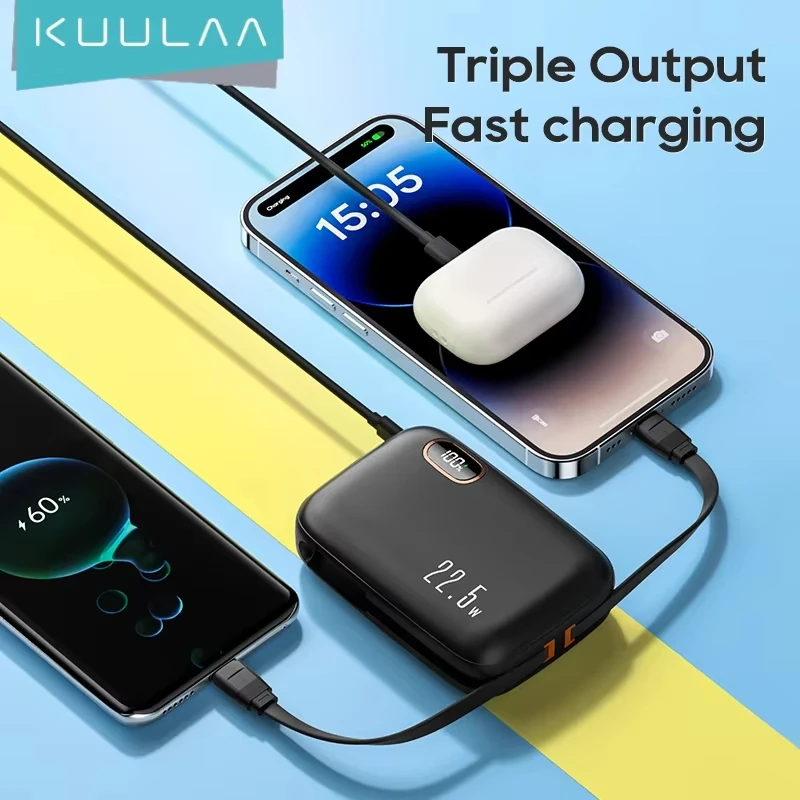 

KUULAA 10000mAh Power Bank 22.5W Fast Charging External Battery Dual Cable Portable Charger Powerbank For iPhone 16 15 14 Xiaomi