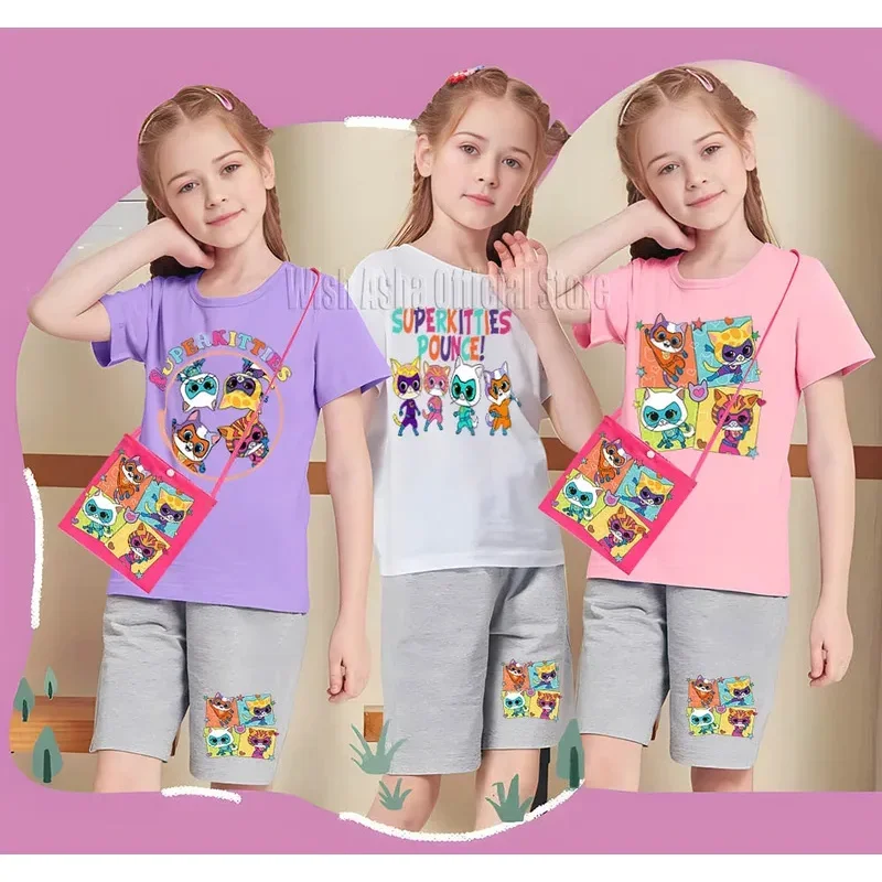 애니메이션 티셔츠 세트 게임 소원 아샤 슈퍼 키티, 어린이 천, 아기, 어린이, 면 티셔츠, 유아, 소녀, 반팔 상의, 2 ~ 12, 4 PCs