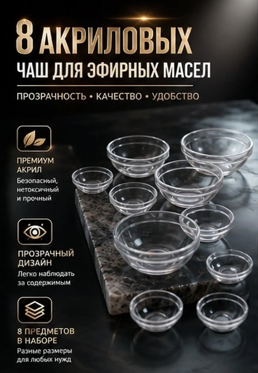 8Pcs Ultra-Transparent Acrylic Essential Oil Bowl Set Food-Grade Safe Non-Toxic for Spa Salon Home Massage Oil Organization