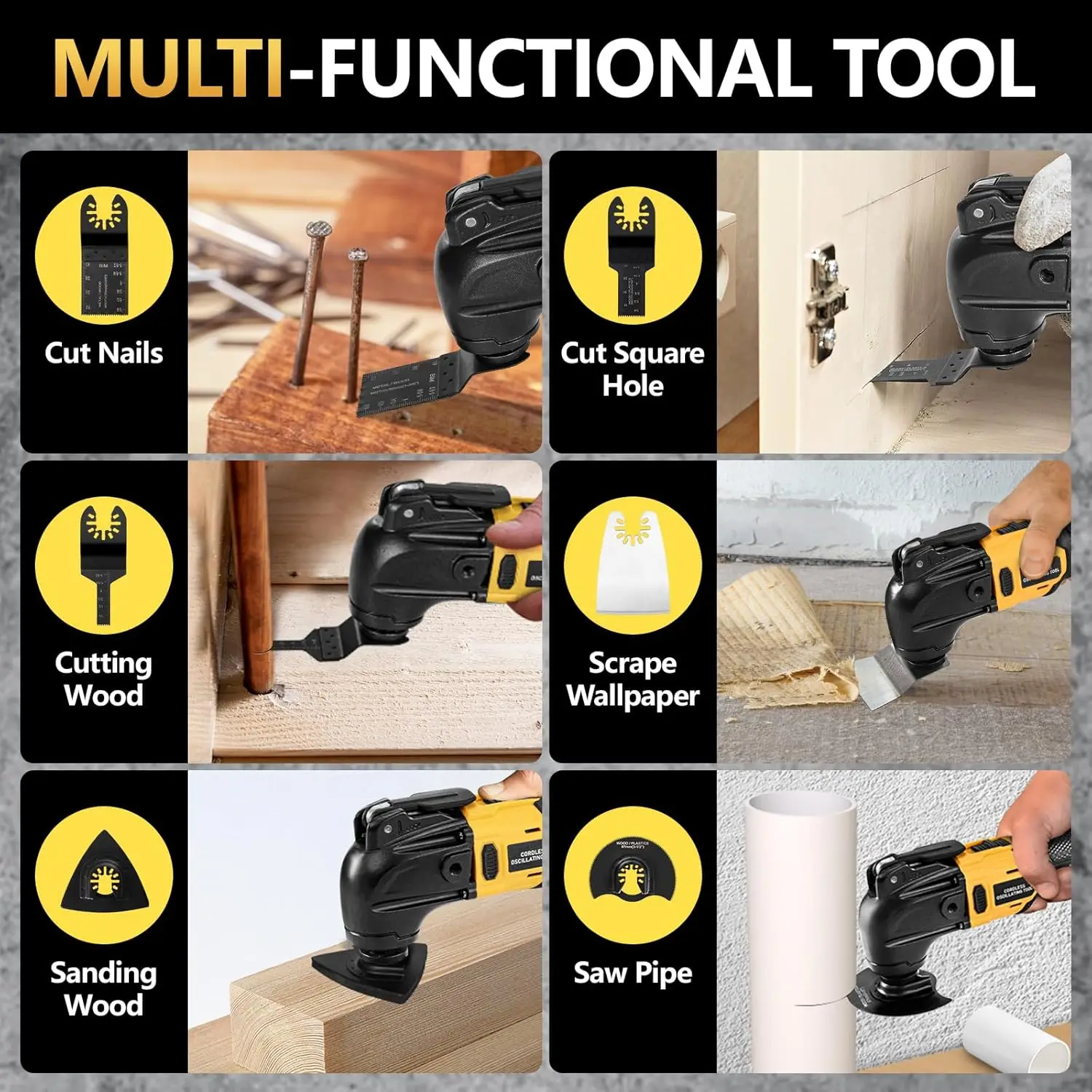 23PCS Oscillating Multi Tool Brushless Multi-Tool Handle 6 Variable Speed for Cutting Scraping Sanding for De-Walt 20V Battery