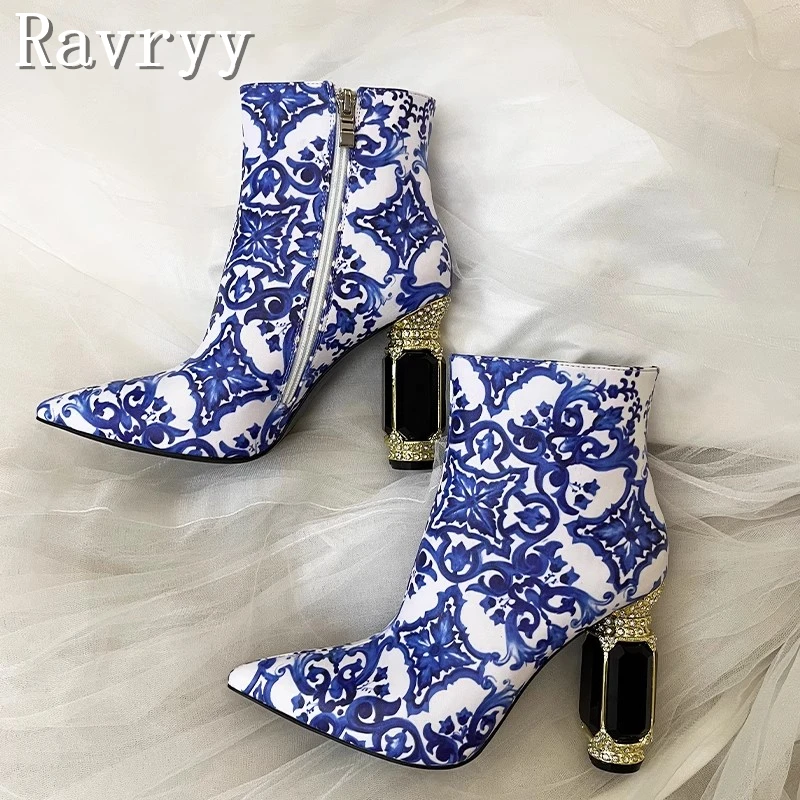 

Luxury Blue and White Porcelain Printing Boots Women Genuine Leather Pointed Toe 10cm Rhinestone Gemstone Heels Ankle Boot