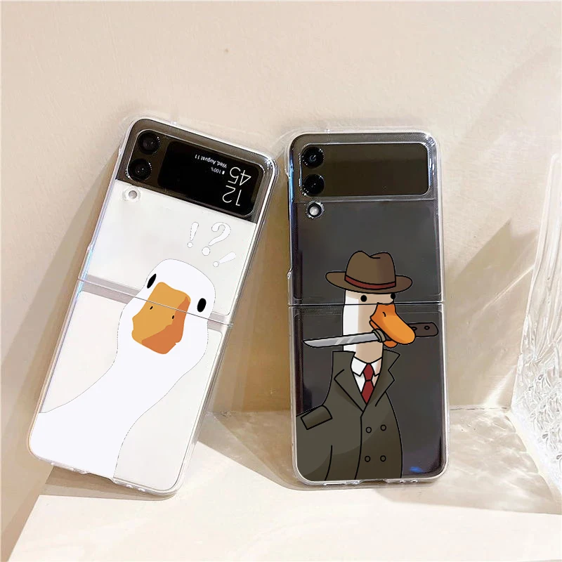 Phone Case For Samsung GalaxyZ Flip 4 5 Fold Clear Hard PC Shell Cartoon Doubt Duck For Samsung Z Flip 3 Cover Funda Bumper