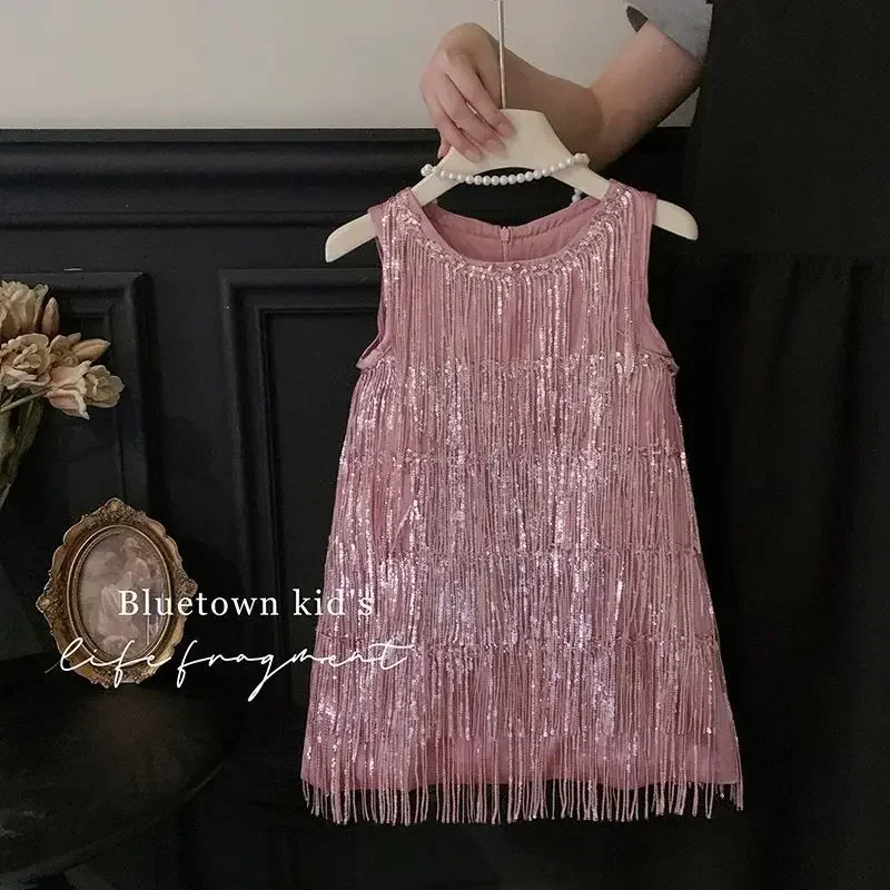 2026 New Girls Dress Summer Children's High-end Tassel Sequin Vest Dress Stylish Birthday Dress 90-140CM