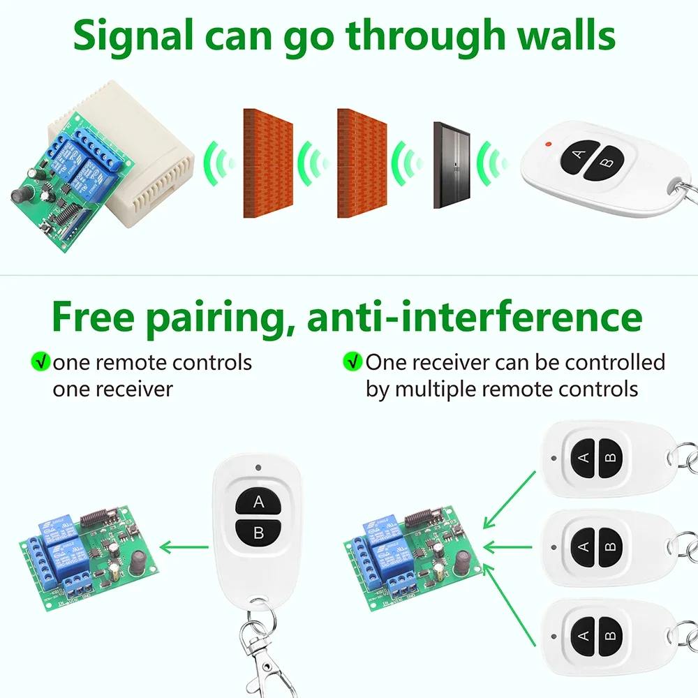 433MHz DC 6V 12V 24V 10A Wireless Remote Control Switch, 2CH RF Relay Module,50m Transmitter,for Garage Door/Light/Motor/DIY