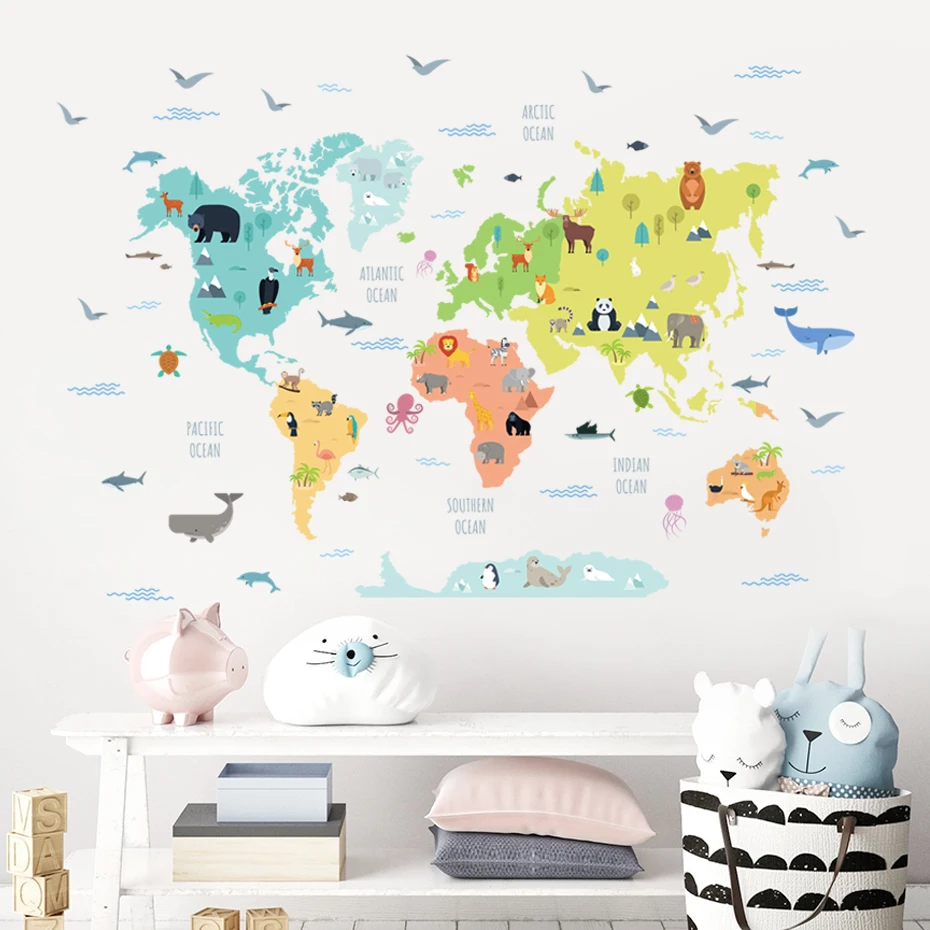 Cartoon Animal World Map Nursery Wall Sticker Peel and Stick Vinyl Removable Wall Decal Mural Kids Bedroom Playroom Home Decor