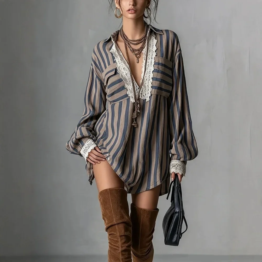 Vintage Striped Lace Trim Shirt Loose Fit Long Sleeve Blouse Bohemian Streetwear Top