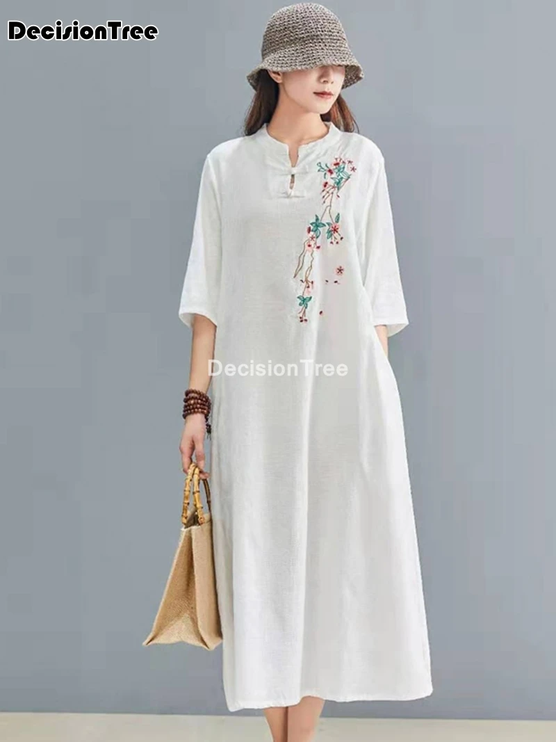 2023 çin elbisesi cheongsam kadınlar uzun qipao elbise modern pamuk keten cheongsam elbise yarım kollu nakış cheongsam elbise