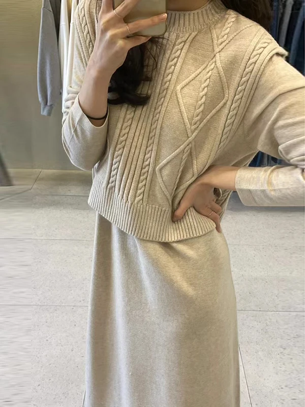 

Вязаный длинный жилет в стиле ретро, женский модный дизайн, комплект Dr, винтажный однотонный повседневный комплект для молодых девушек