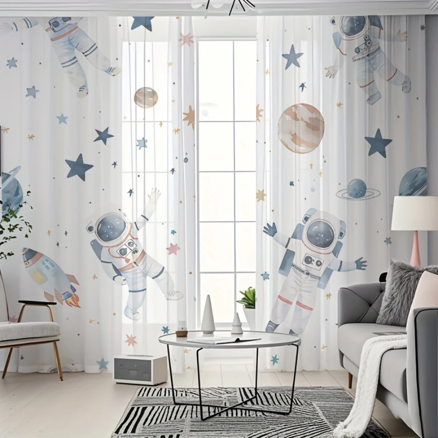 2PCS Digital Printed Sheer Curtain, Planet Astronaut Spaceman, Cosmic Galaxy Sci Fi for Living Room Bedroom Home Decor
