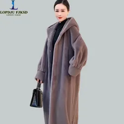 Long Faux Fur Coat for Women, Single Breasted Jacket，Loose Thicken Warm,Hooded，High Quality, Female Clothes, New ,Winter