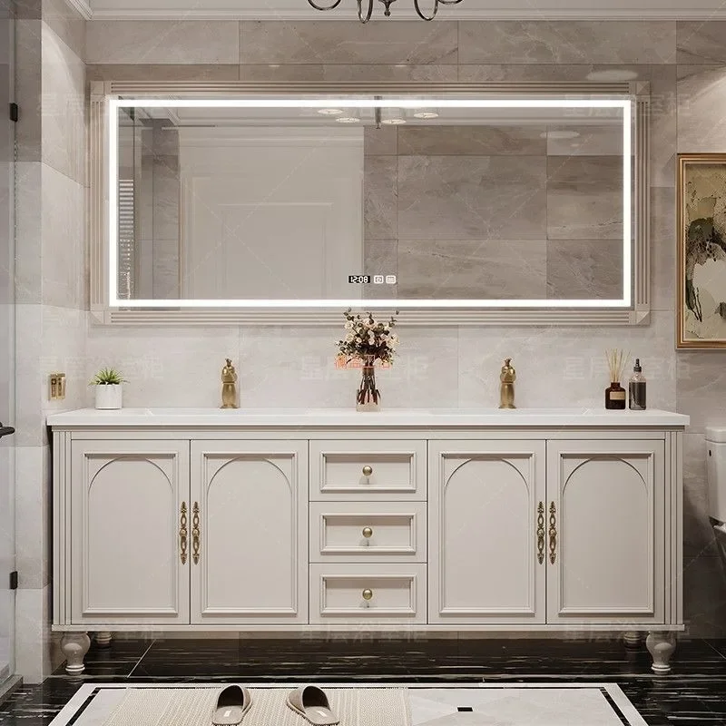 Double basin American solid wood French floor-to-ceiling bath cabinet rock slab seamless washing table grade anti-fog