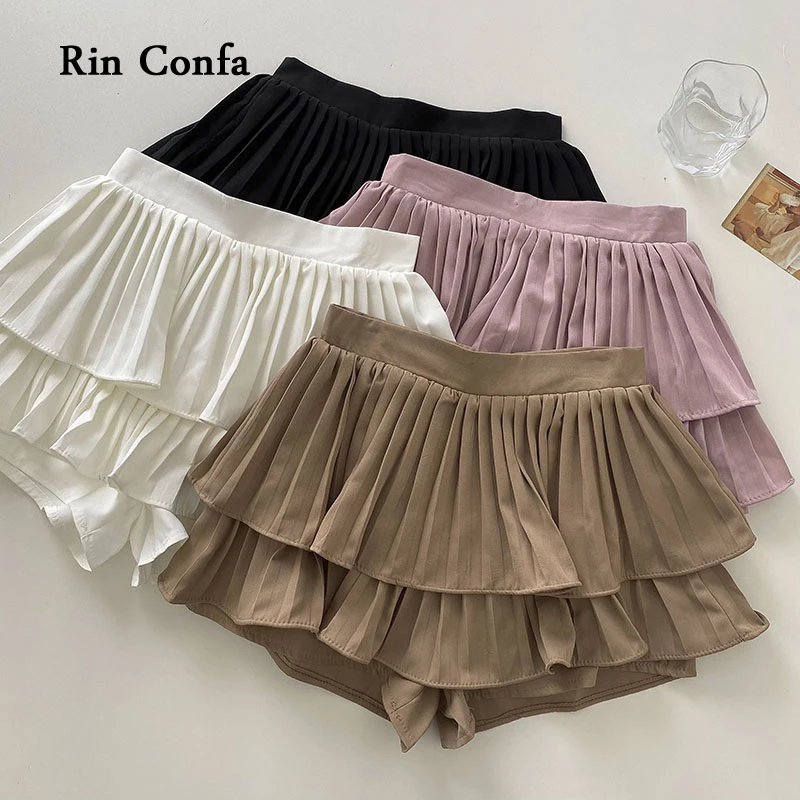 Rin Confa Summer New Double-Deck Ruffles A-Line Fashion Solid Y2k Mini Short  Skirt Preppy Style Classic All-Match Culottes