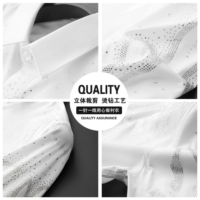 Luxury Rhinestones Shirts for Men Solid Color Long Sleeve Casual Shirt Slim Social Party Tuxedo Business Formal Dress Shirts