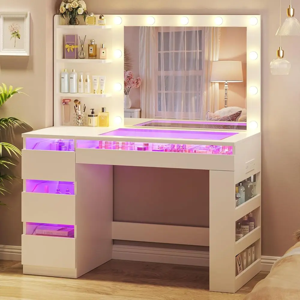 Lighted Mirror Vanity Desk with Transparent Top, Makeup Desk with 4 Drawers, RGB Lighting, Power Outlet, 3-Tier Shelves & Storag