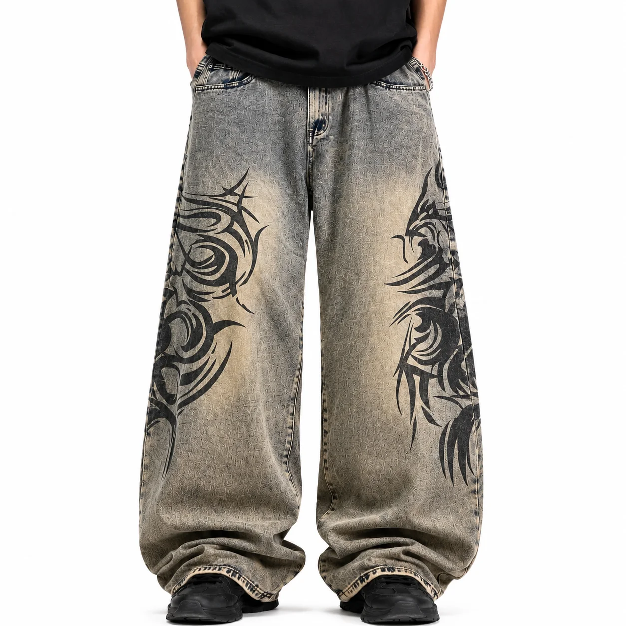 Y2K Baggy Jeans Men Streetwear Tribal Graphic Wide Leg Denim Pants Vintage Washed Hip Hop Grunge Loose Retro Trousers Male