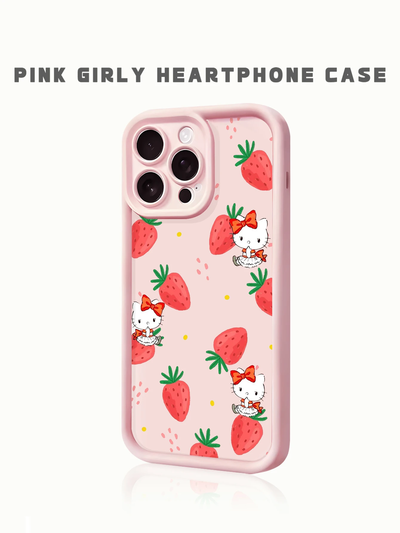 

Soft Pink Hello Kitty Case with Full-Print Red Strawberry, fresh fruit cartoon daily design.15/16/17/13/11/14promax/air/12