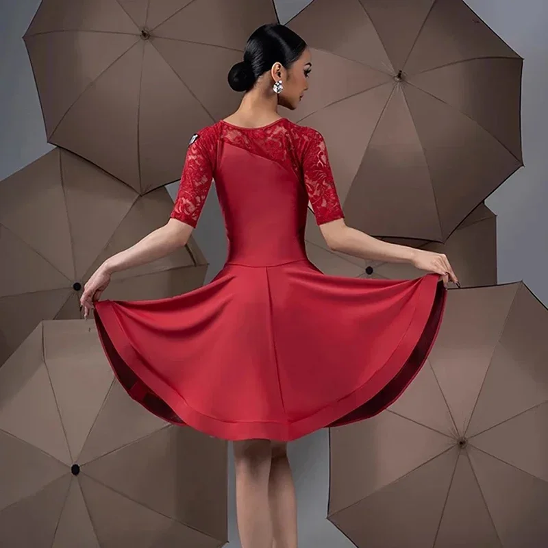 Latin dansjurk Dames Competitie Ballroom Danskleding Kanten mouw Salsa Rumba Chacha Prestatiekostuums