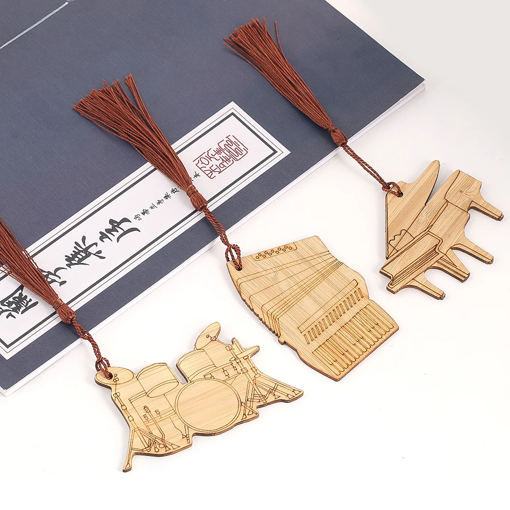 

Wooden Bookmarks Chinese Style Literary Crafts Laser Engraved Musical Instruments with Tassels Gift Souvenirs Student Stationery