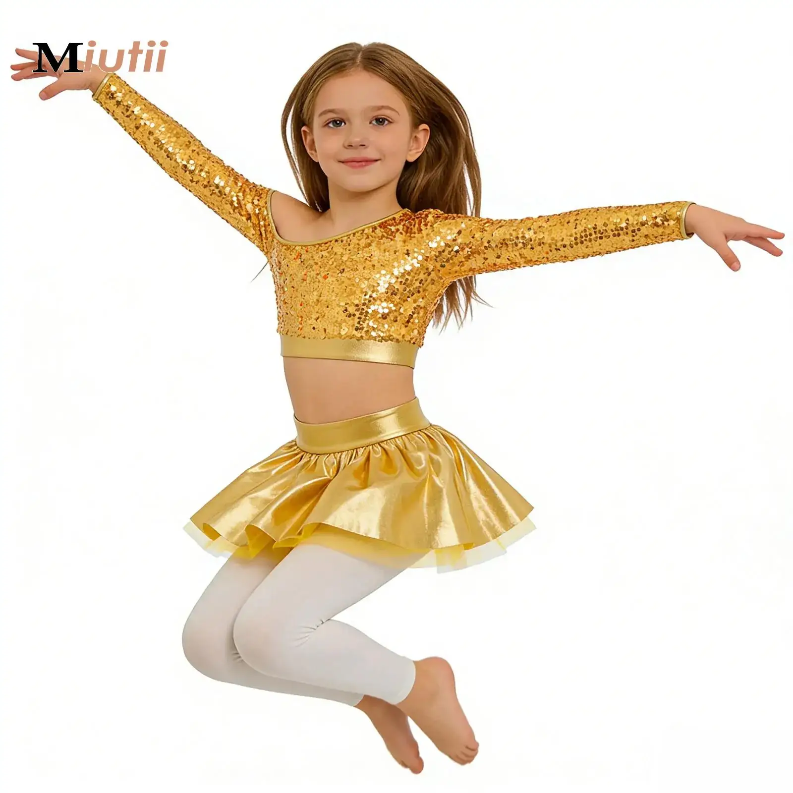 

Kids Girls Glitter Sequins Ballet Dance Sets Acrobatics Gymnastics Skating Costume Outfits for Modern Latin Jazz Dancing Class