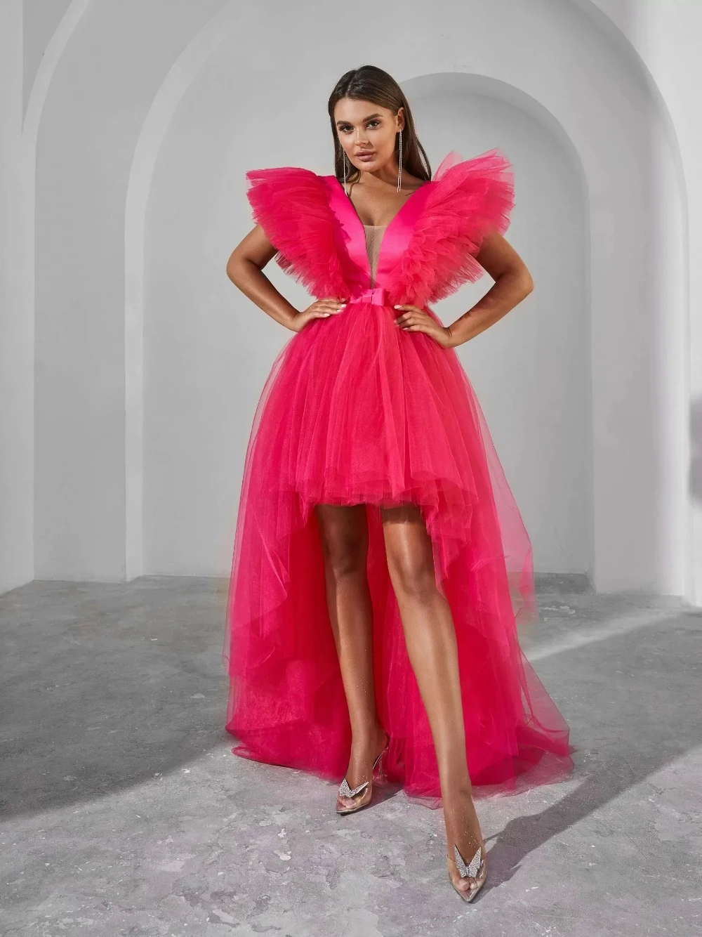 DMDRS modna tiulowa suknia wieczorowa z niskim stanem delikatna dekolt w kształcie litery V linia suknia wieczorowa dostosowana piękna impreza specjalne okazje nosić