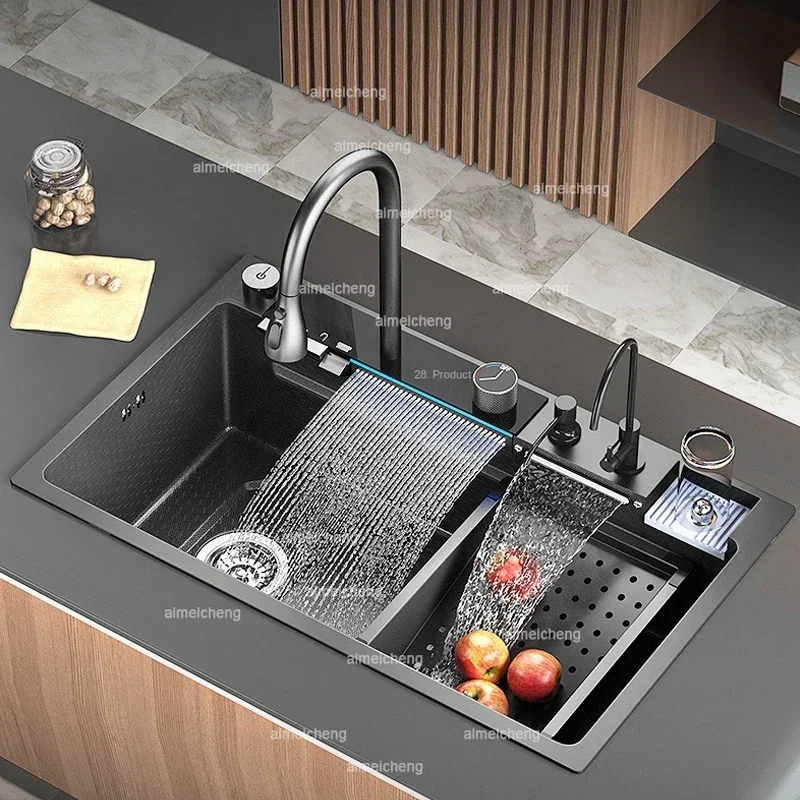 Waterfall Sink Kitchen Stainless Steel Large Single Slot Multifunctional Tank Apartment Wash Basin Drainage on the left