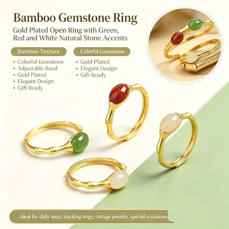 Green Natural Jade Red Agate Ring Bamboo: Stone Carved Gemstone Vintage Lucky Talisman Adjustable