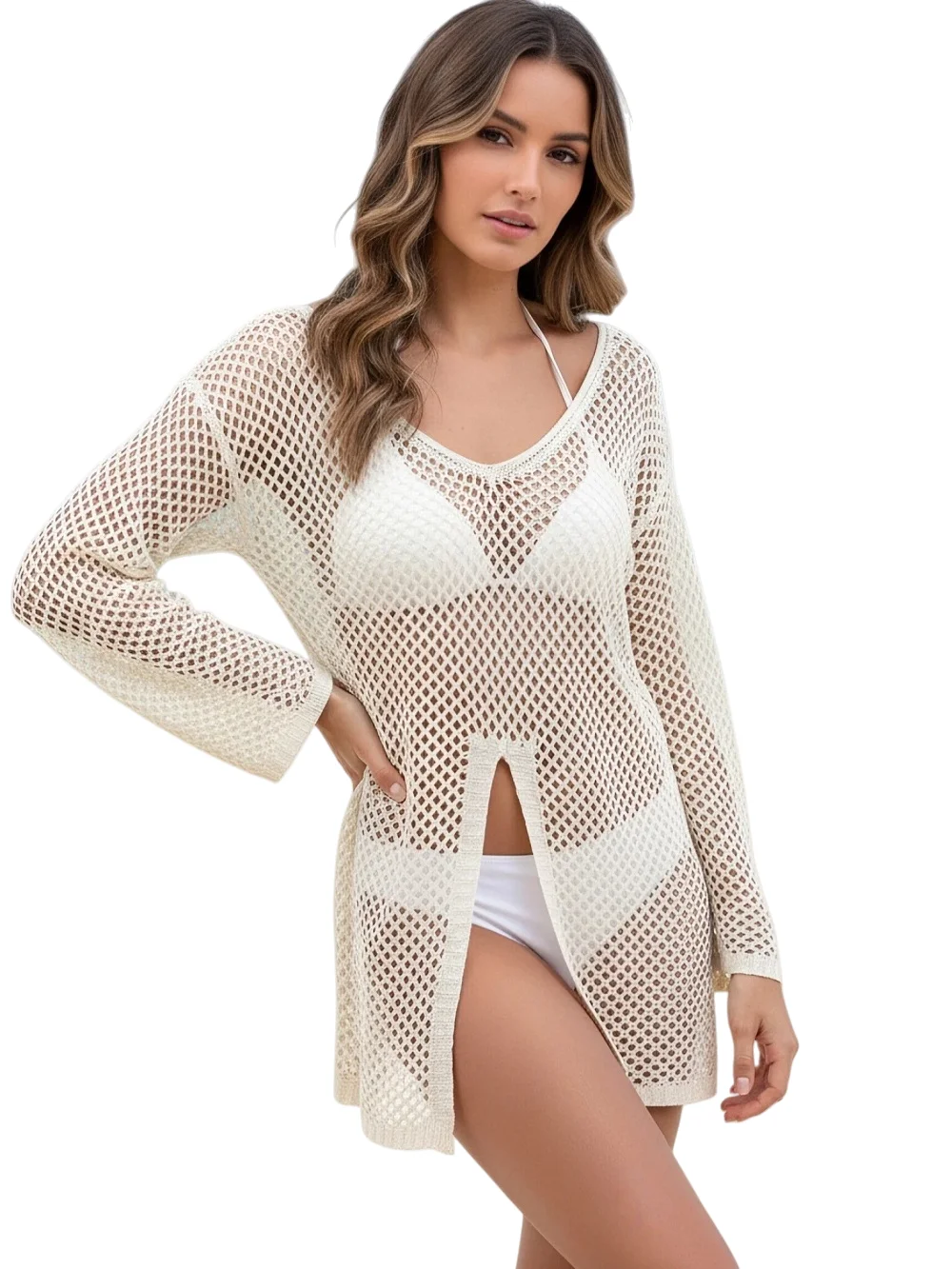 Swimwear Cover Up Women Long Sleeve Beige Mesh Cardigan Sheer Beach Kimono Sun Protective Lightweight Summer Clothing