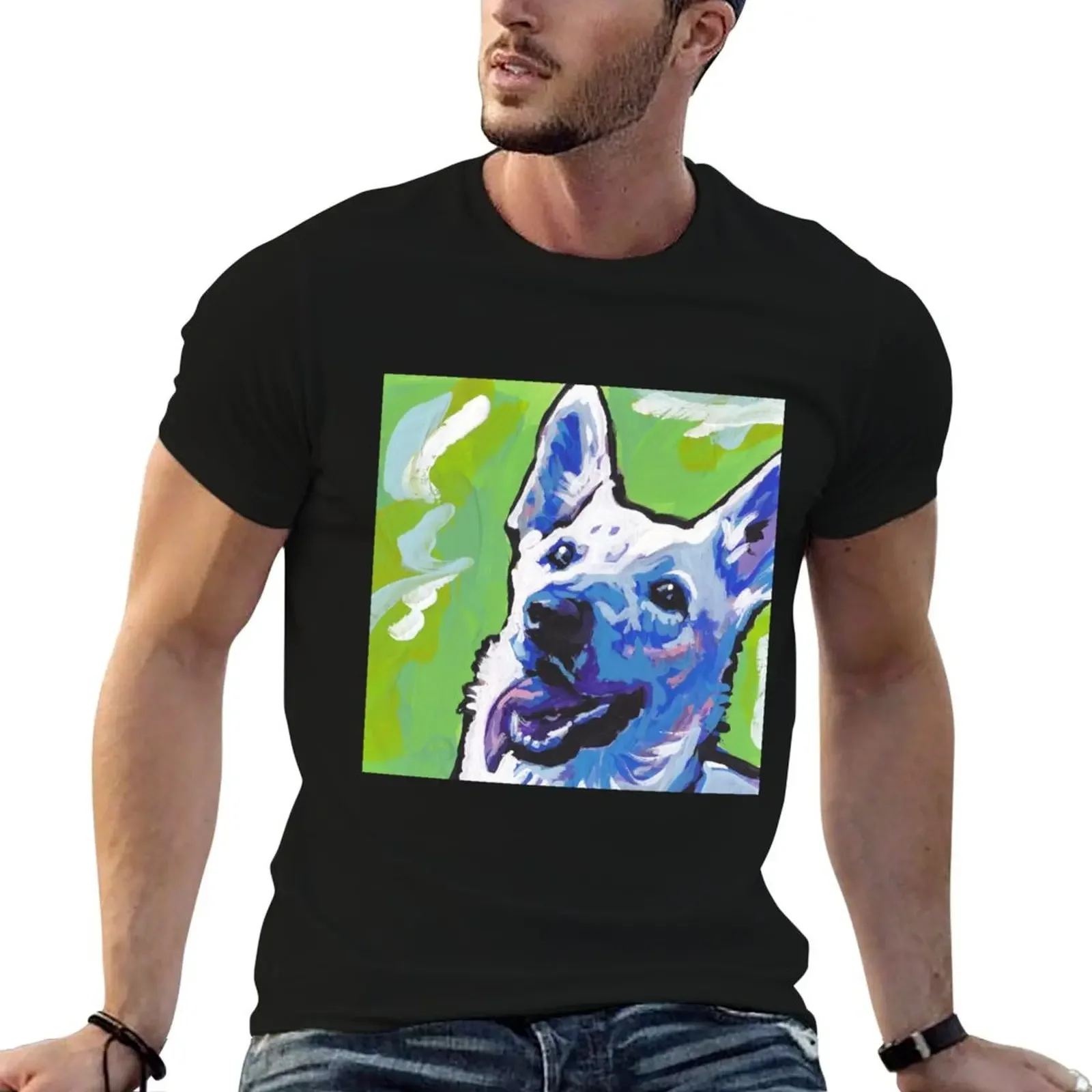 White German Shepherd Bright colorful pop dog art T-Shirt cheap stuff animal prinfor boys t shirts for men pack