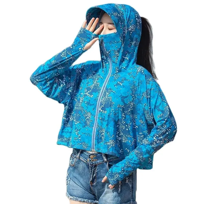 

Lce Silk Sunscreen Clothing Women's Summer UV Protection Hooded Thin Coat Loose Breathable Short Sunscreen Shirt Jacket Female