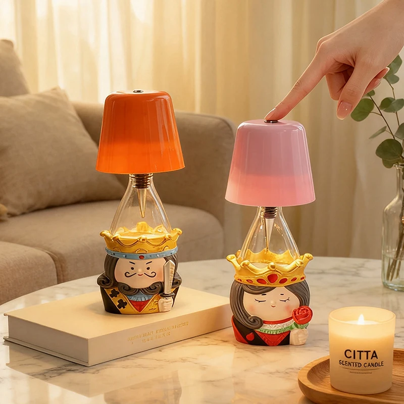 King Queen Resin Bottle Table Lamp USB Rechargeable 3 Color Dimmable Detachable Night Light Back to School Bedroom Decor Gift